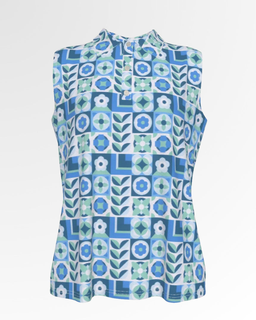 Sleeveless golf polo with a blue, green, and white floral and geometric pattern.