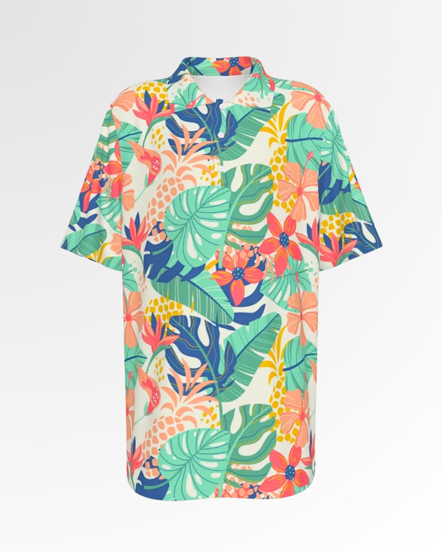 Golf polo shirt with a vibrant tropical floral and pineapple print.
