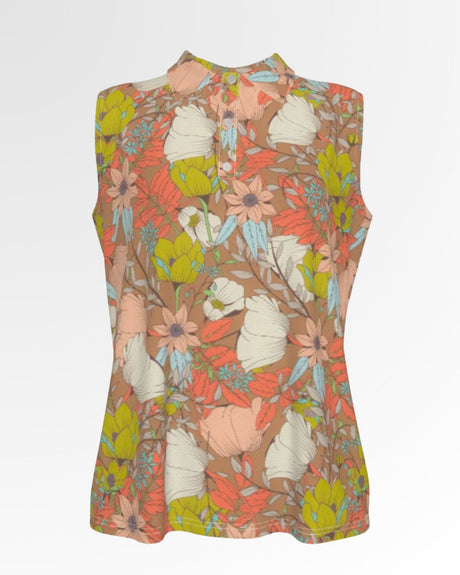 Sleeveless golf polo shirt in a brown floral pattern.