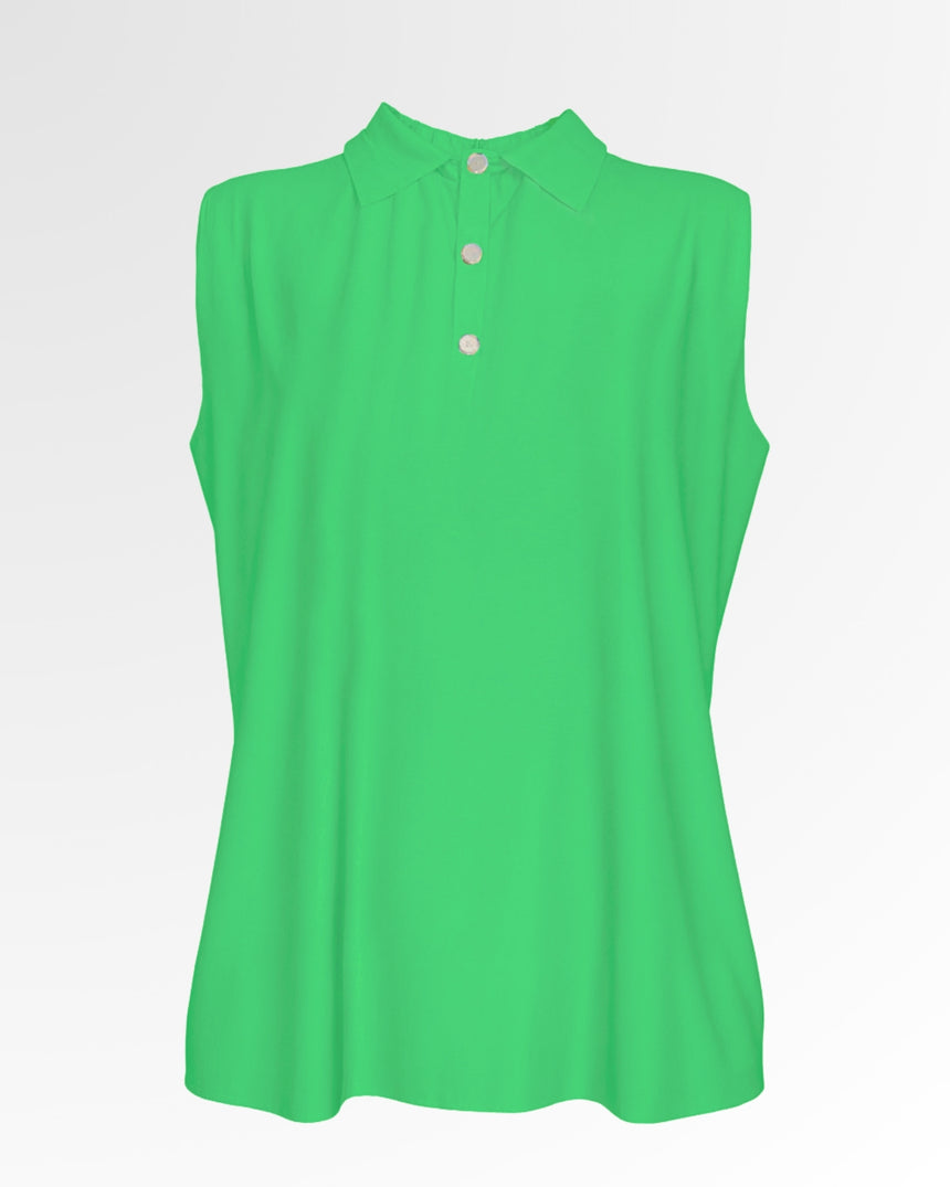 Sleeveless green golf polo shirt with three white buttons.
