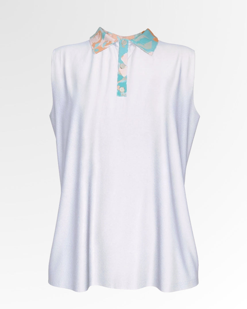 Sleeveless white golf polo with a floral patterned collar and button placket.