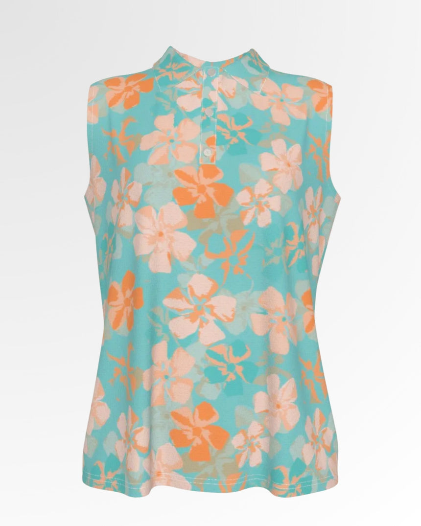 Sleeveless golf polo shirt in a floral pattern.