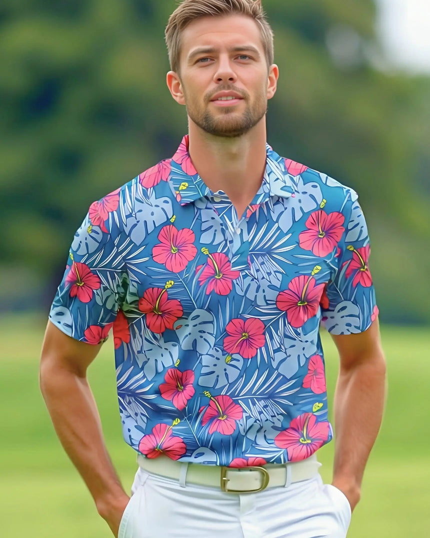 men's short sleeve golf polo in Aloha Bloom print - model wearing on course