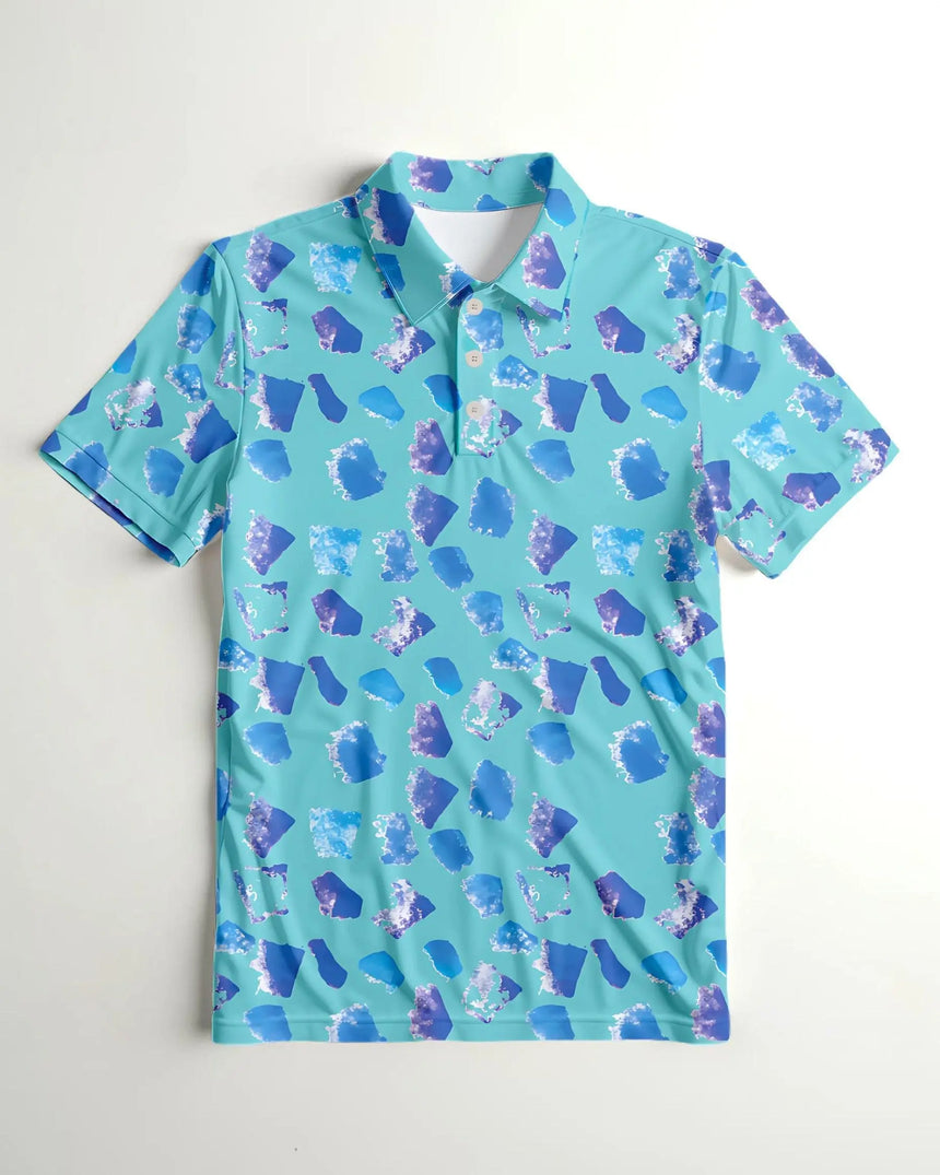 men's short sleeve golf polo in Blue Funfetti print - front view