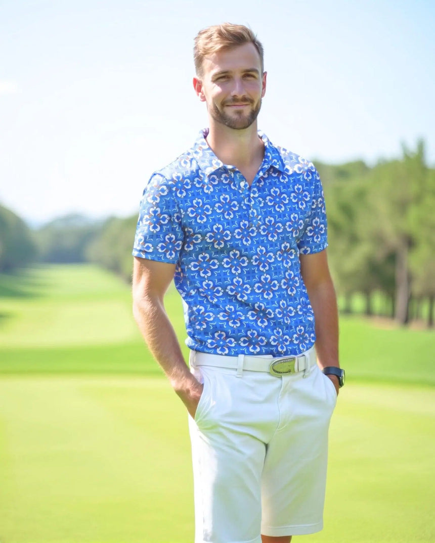 men's short sleeve golf polo in Blue Mosaic print - model wearing on course