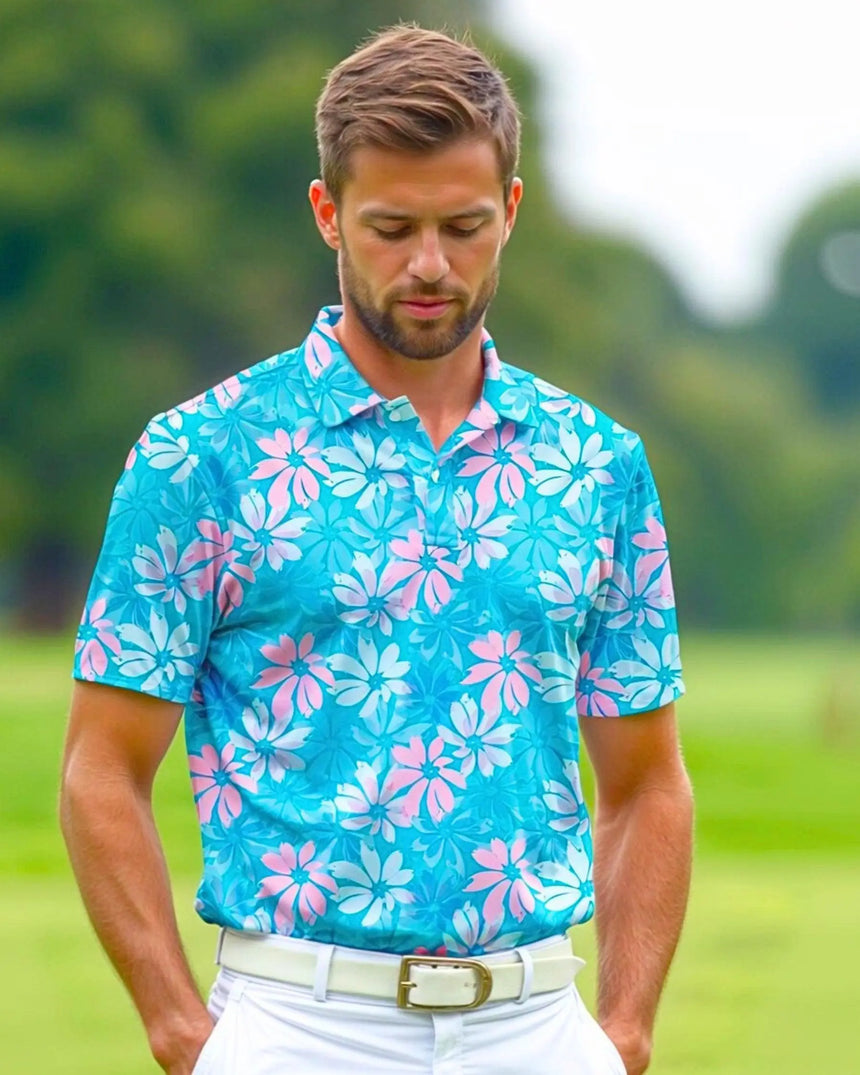 men's short sleeve golf polo in Floral Fadeaway print - model wearing on course