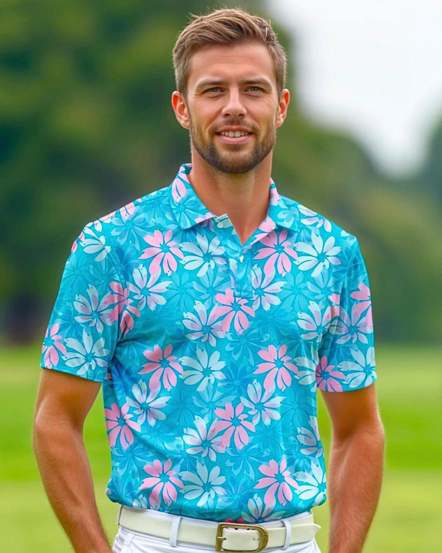 men's short sleeve golf polo in Floral Fadeaway print - model wearing on course