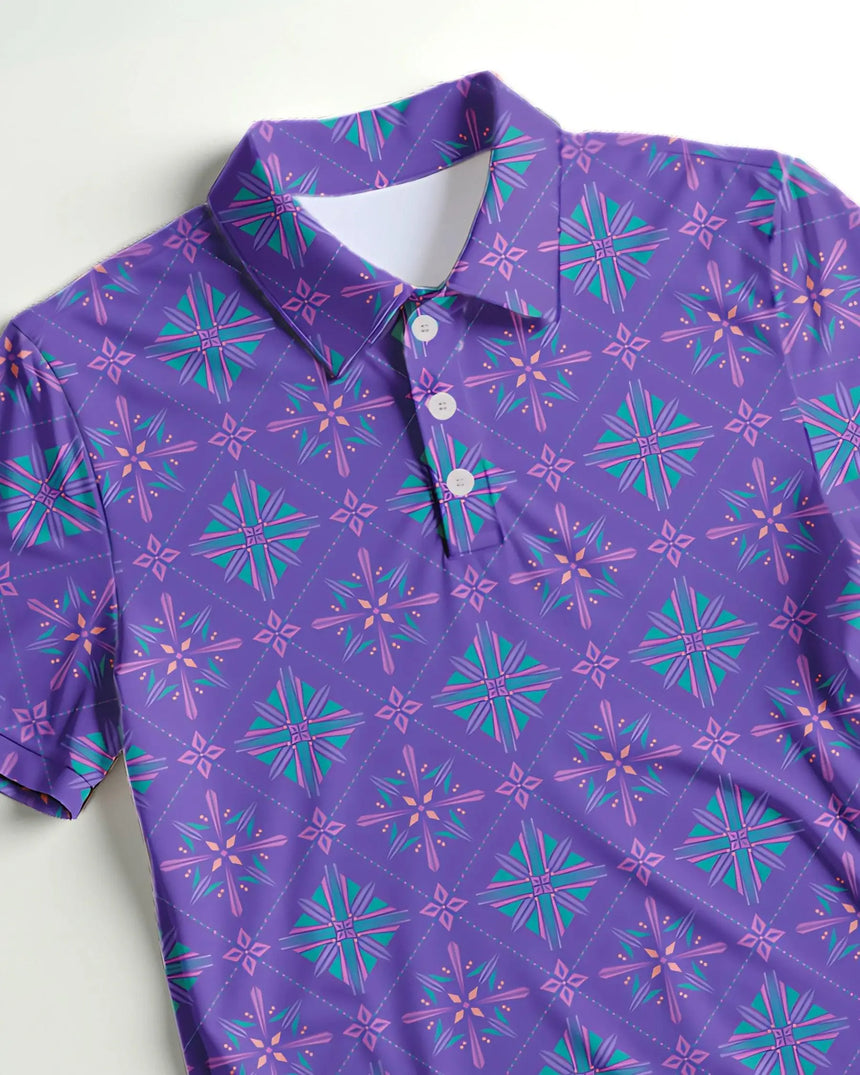 men's short sleeve golf polo in Foremation print - fabric closeup front view