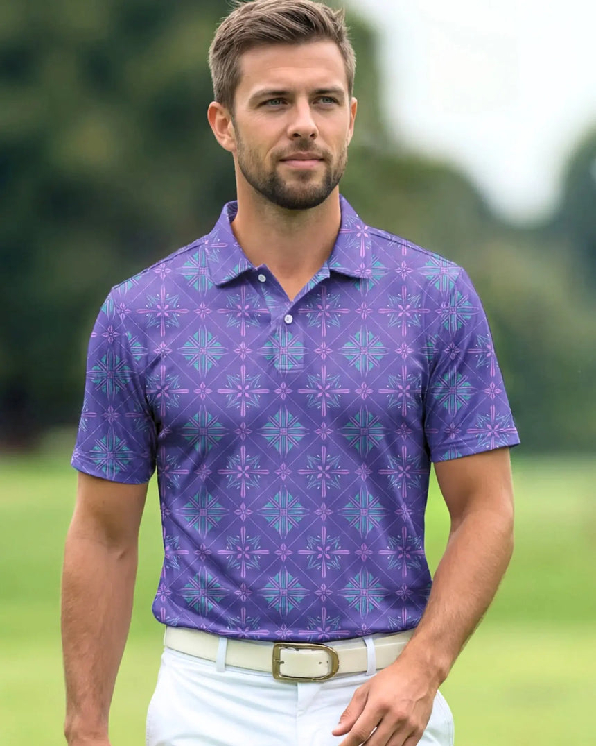 men's short sleeve golf polo in Foremation print - model wearing on course