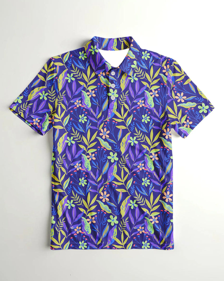 men's short sleeve golf polo in Garden on the Green print - front view