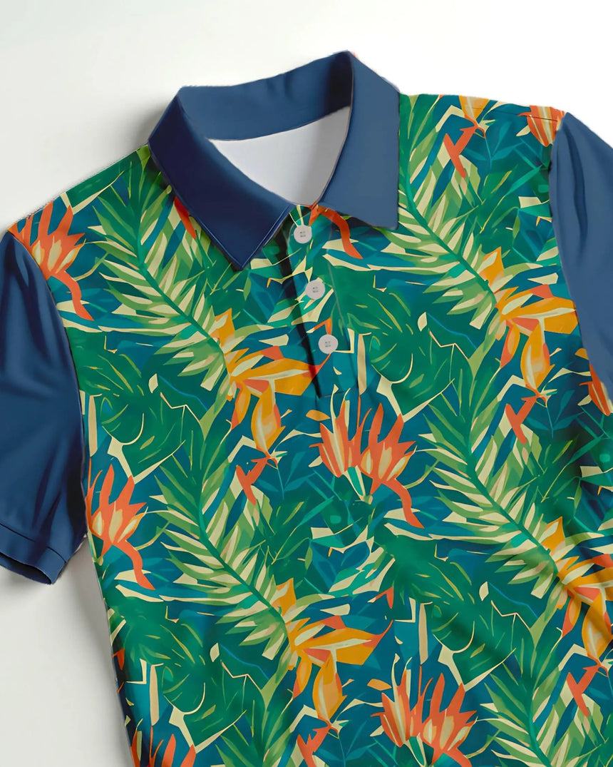 men's short sleeve golf polo in Island Approach print - fabric closeup front view