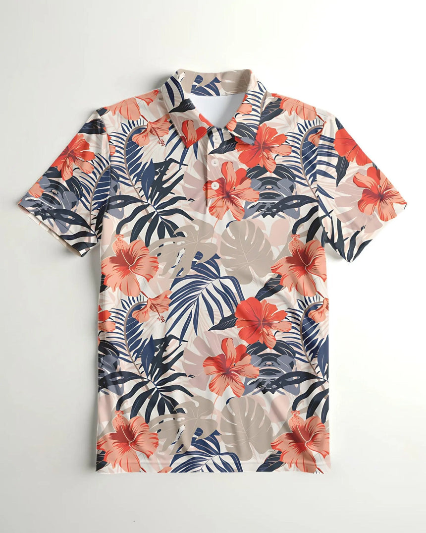 men's short sleeve golf polo in Island Floral print - front view
