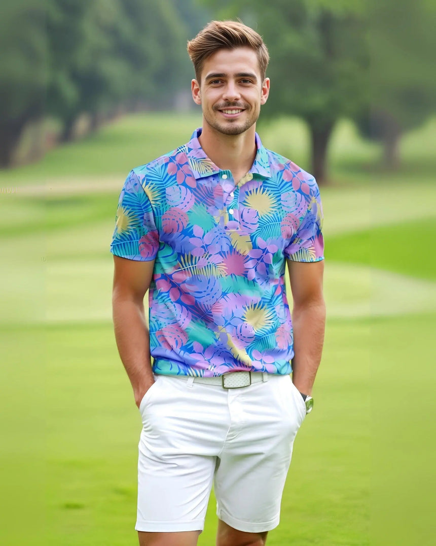 men's short sleeve golf polo in Jungle Vibes print - model wearing on course