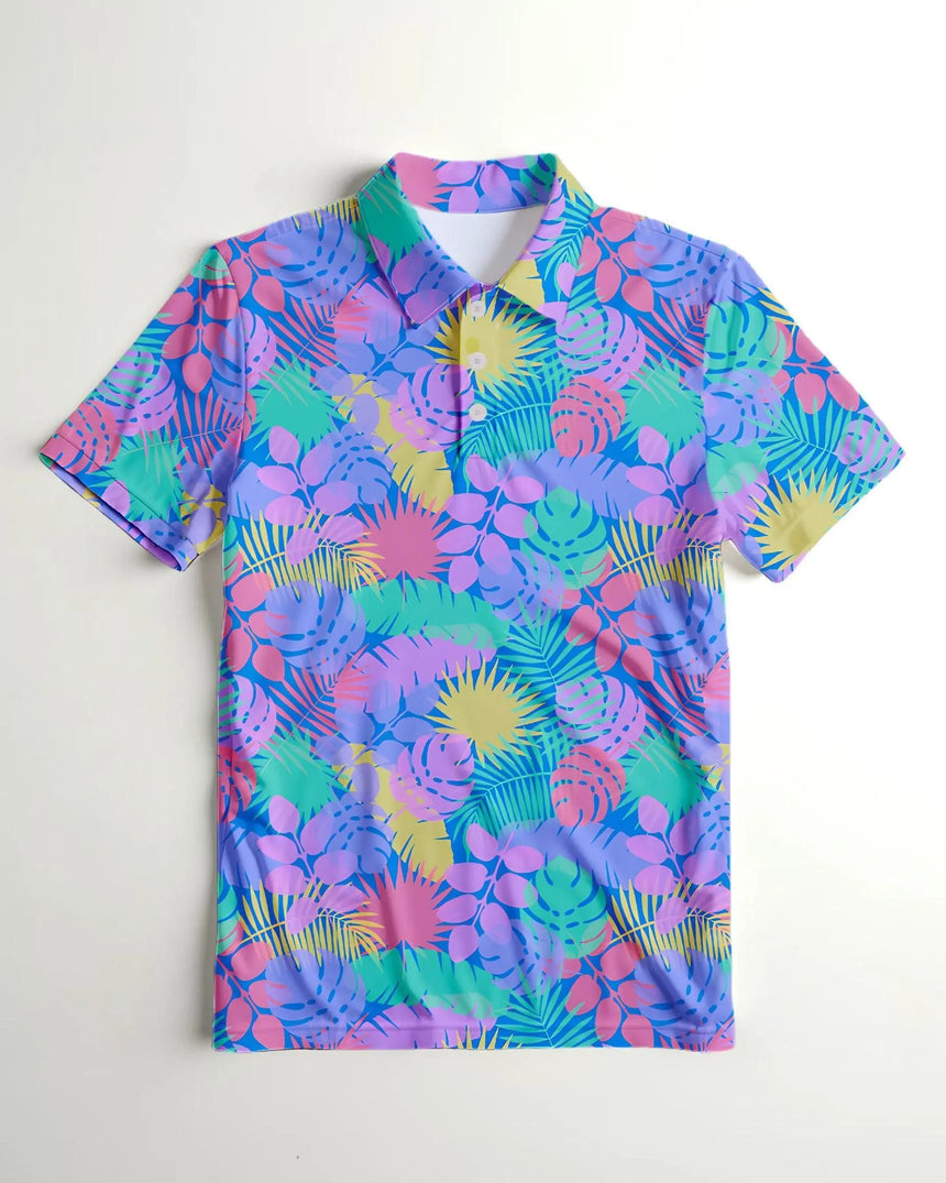 men's short sleeve golf polo in Jungle Vibes print - front view