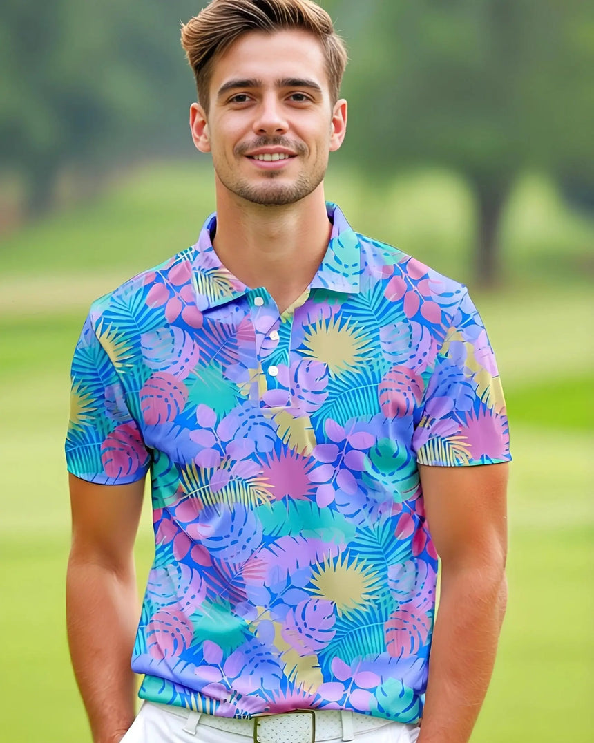 men's short sleeve golf polo in Jungle Vibes print - model wearing on course