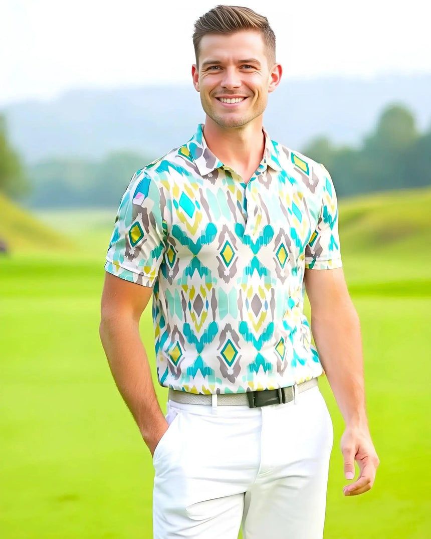 men's short sleeve golf polo in Par-tee Tribe print - model wearing on course