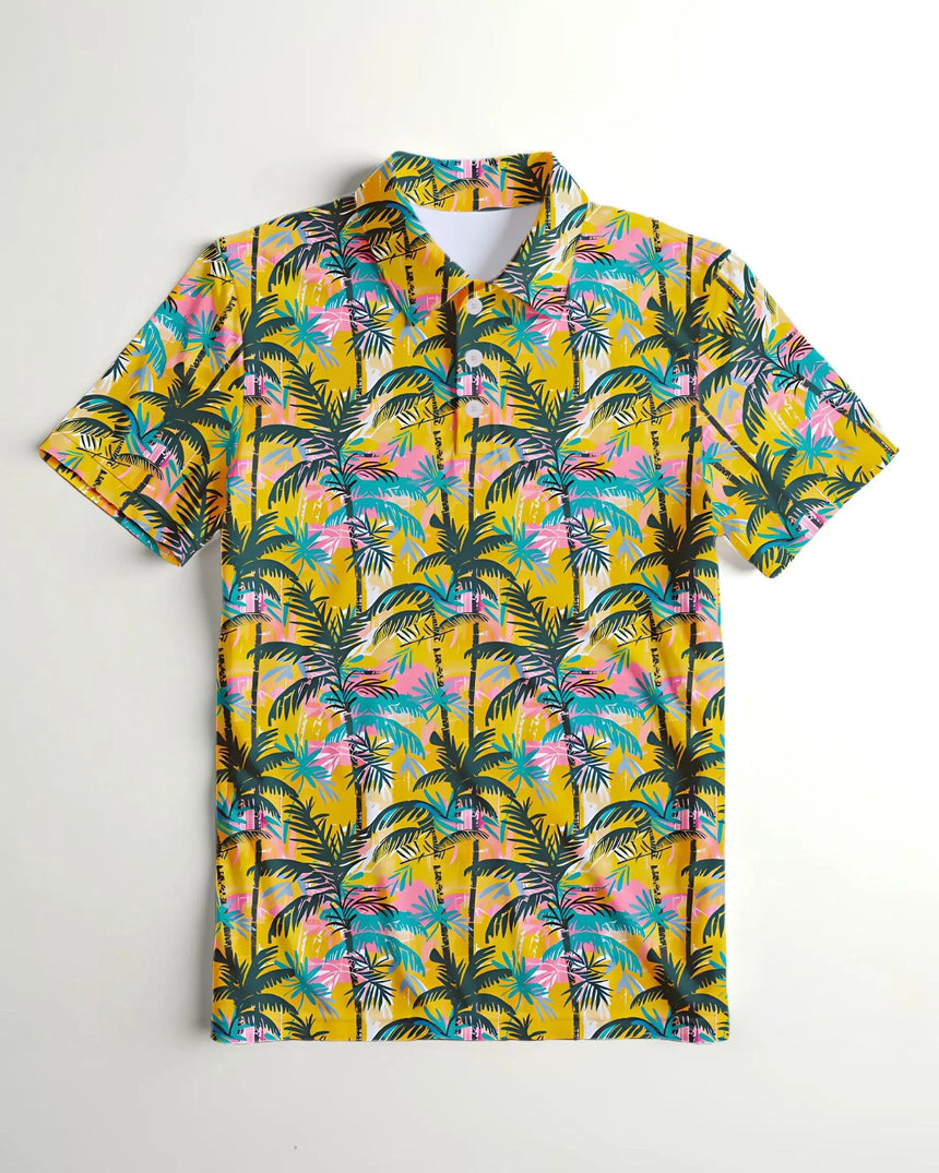 men's short sleeve golf polo in The Palms print - front view