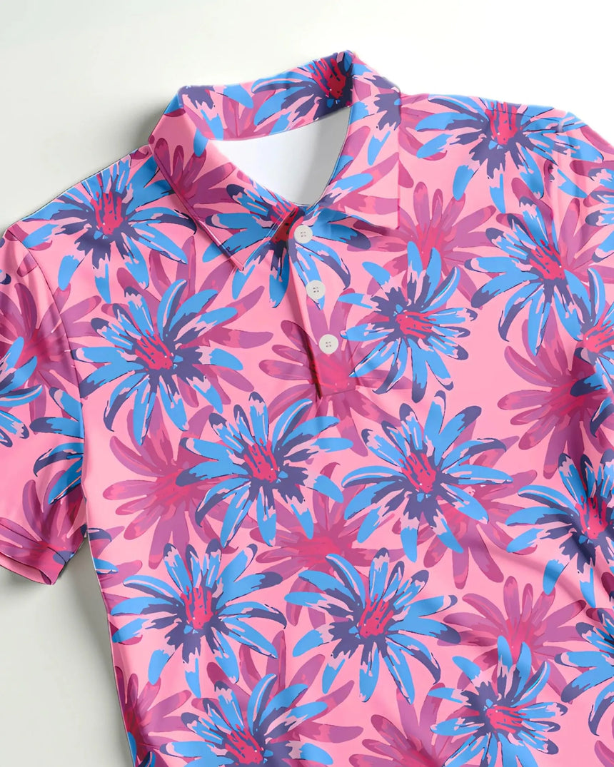 men's short sleeve golf polo in Tropical Bloomscape print - fabric closeup front view