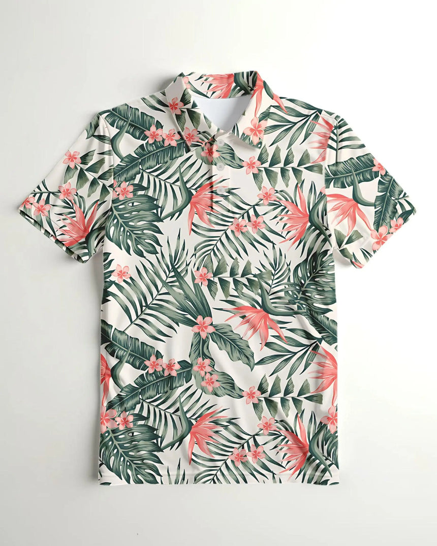 men's short sleeve golf polo in Tropical Fare print - front view