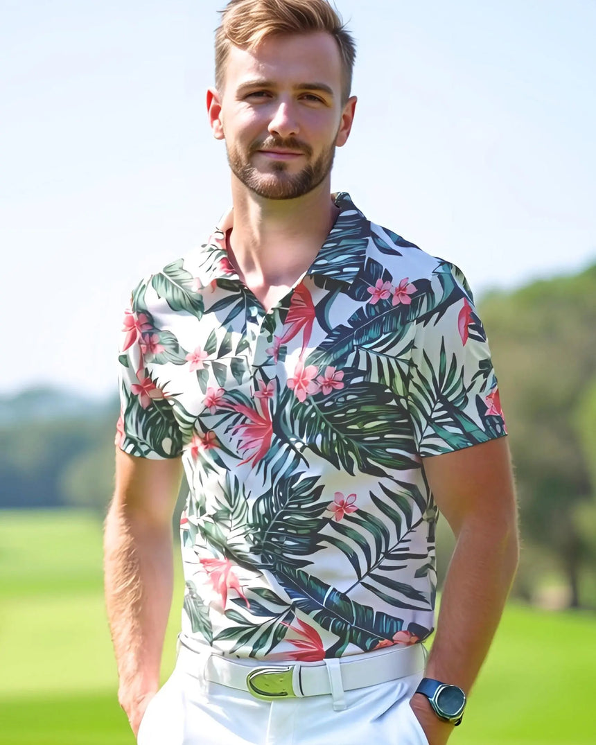 men's short sleeve golf polo in Tropical Fare print - model wearing on course