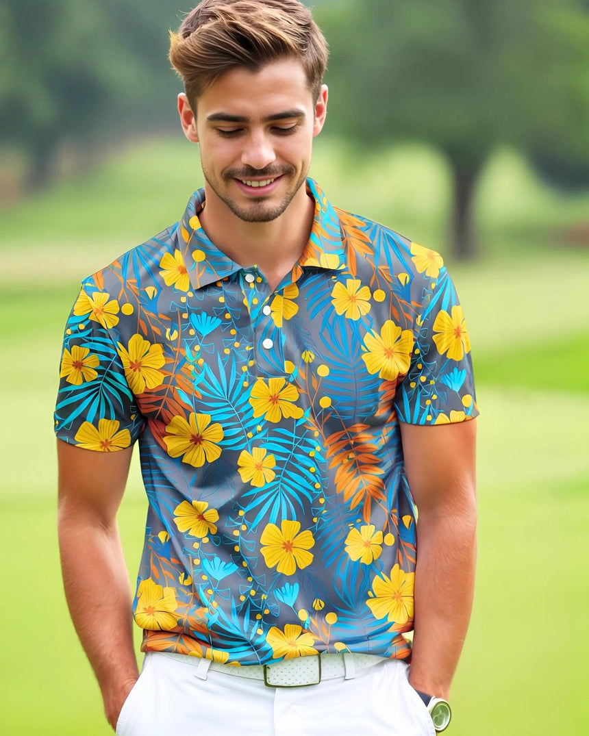 men's short sleeve golf polo in Tropical Mirage print - model wearing on course