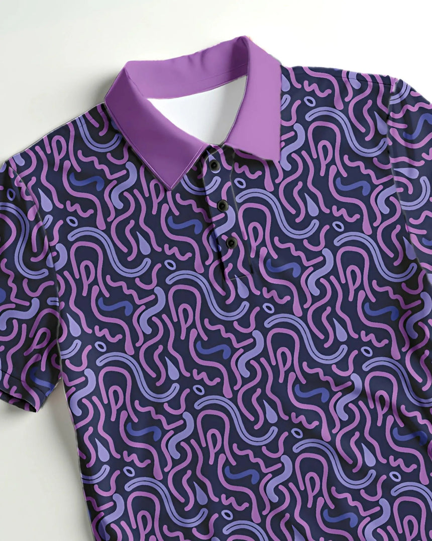 men's short sleeve golf polo in Wild Tee Party print - fabric closeup front view