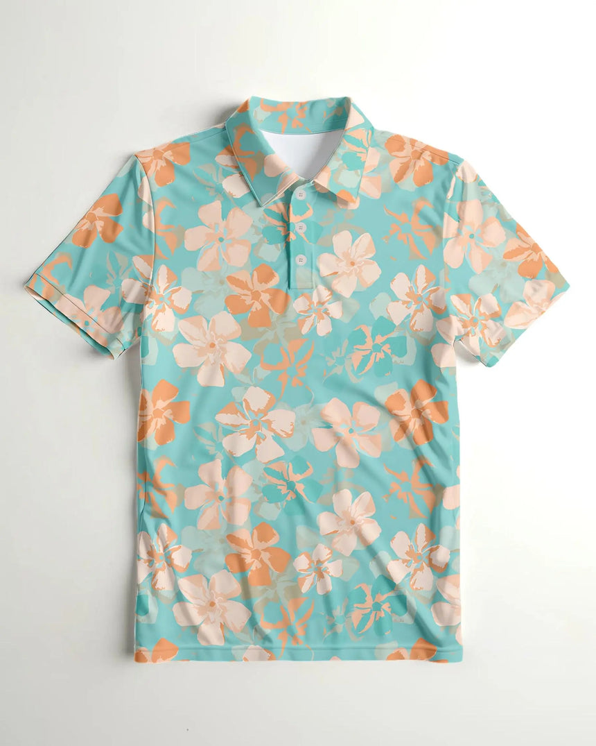 men's short sleeve golf polo in Zen Flora print - front view