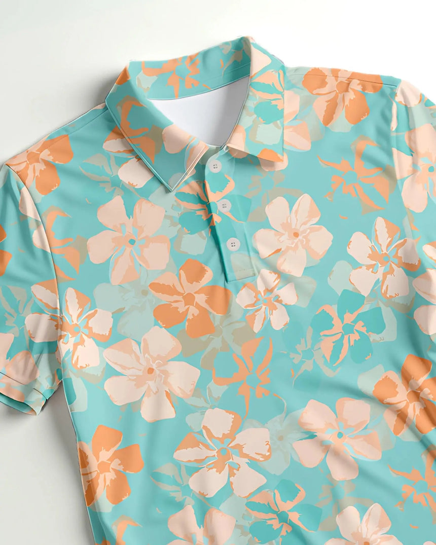 men's short sleeve golf polo in Zen Flora print - fabric closeup front view