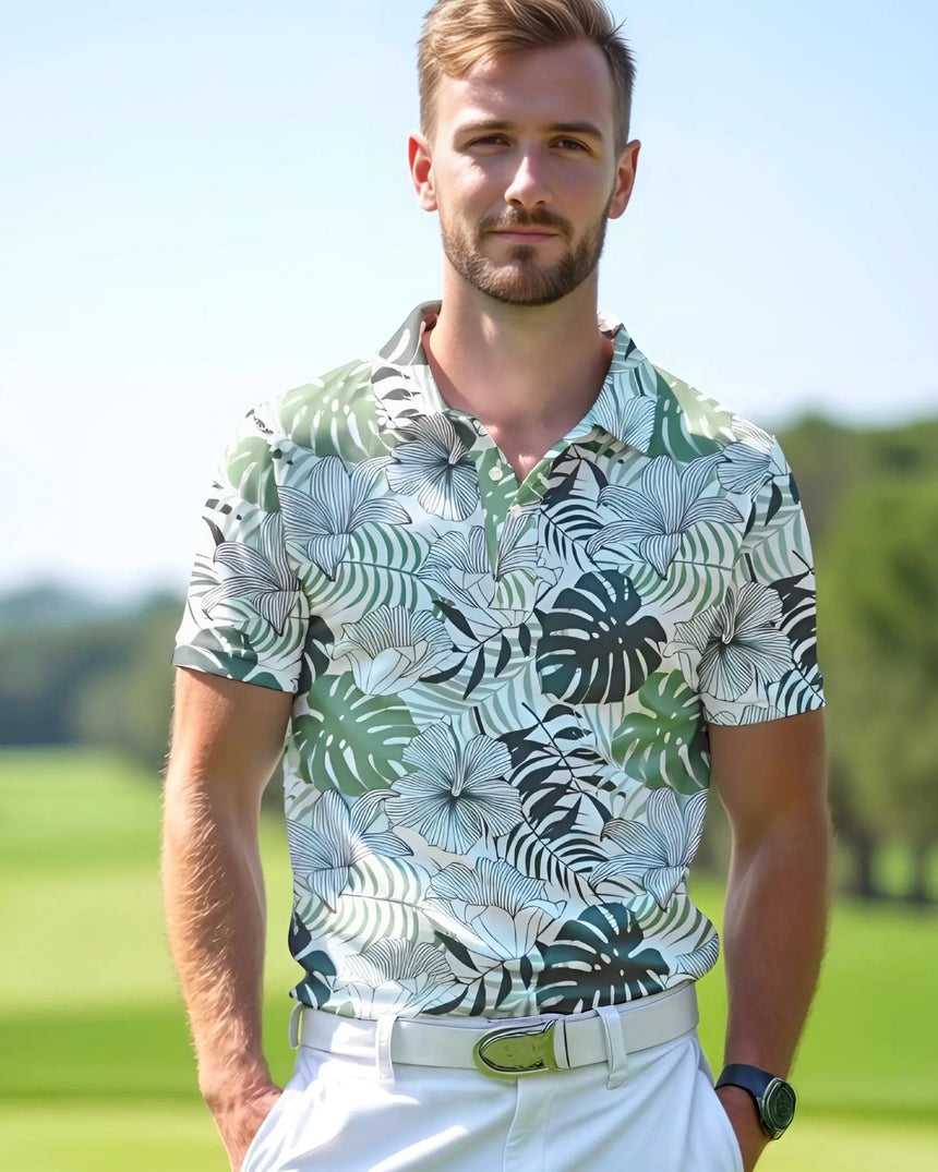 men's short sleeve golf polo in Zen Greens print - model wearing on course