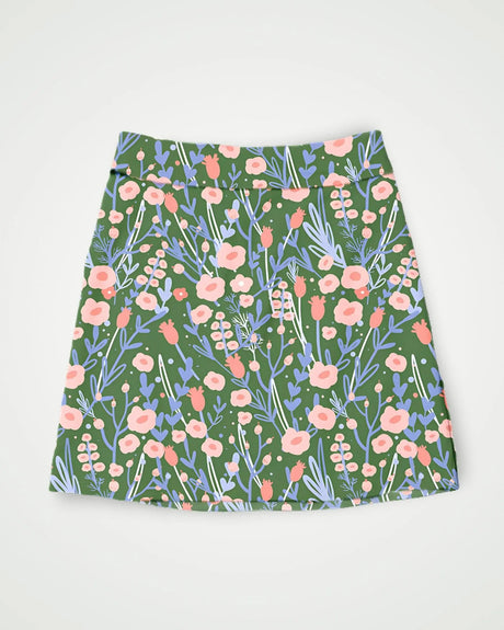 women's fitted golf skort with pockets in Back Nine Blossoms print - front view