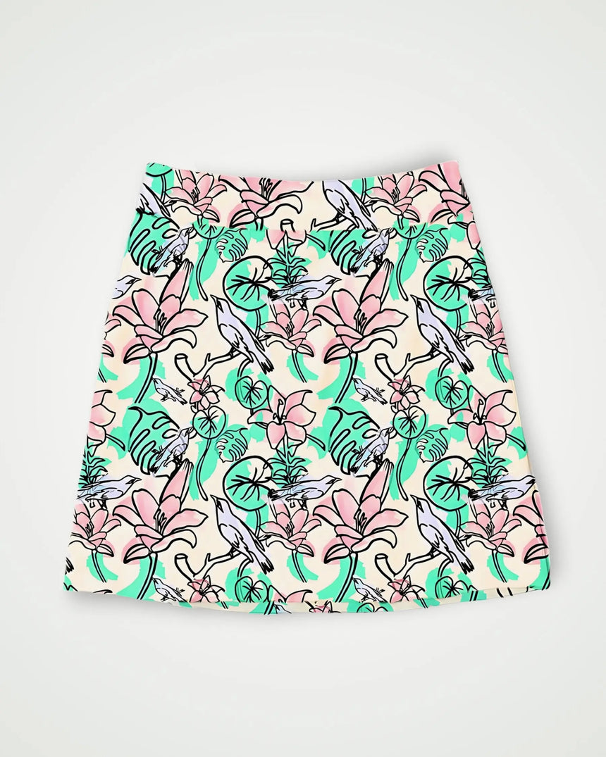 women's fitted golf skort with pockets in Birdies & Bogeys print - front view