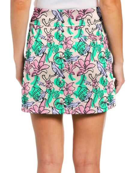 women's fitted golf skort with pockets in Birdies & Bogeys print - back view