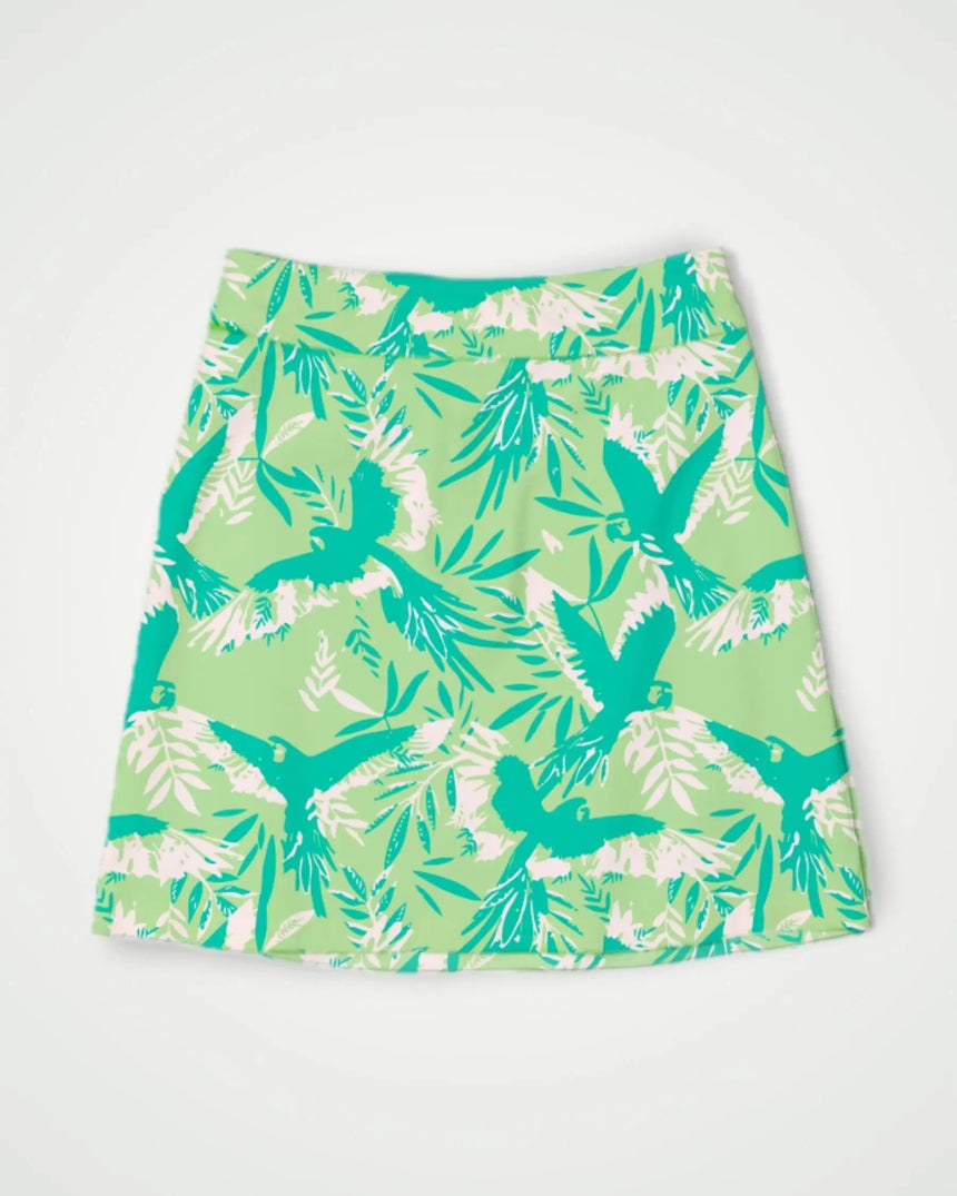 women's fitted golf skort with pockets in Birds of Paradise print - front view