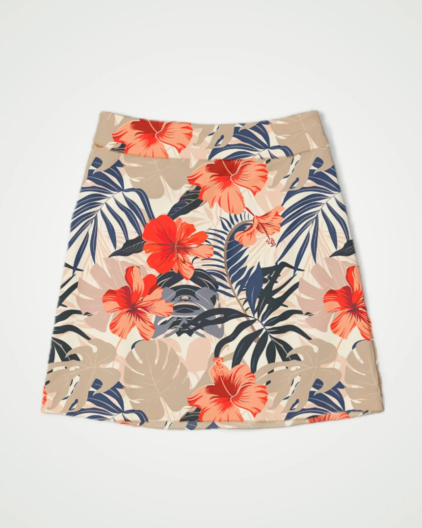 women's fitted golf skort with pockets in Island Floral print - front view