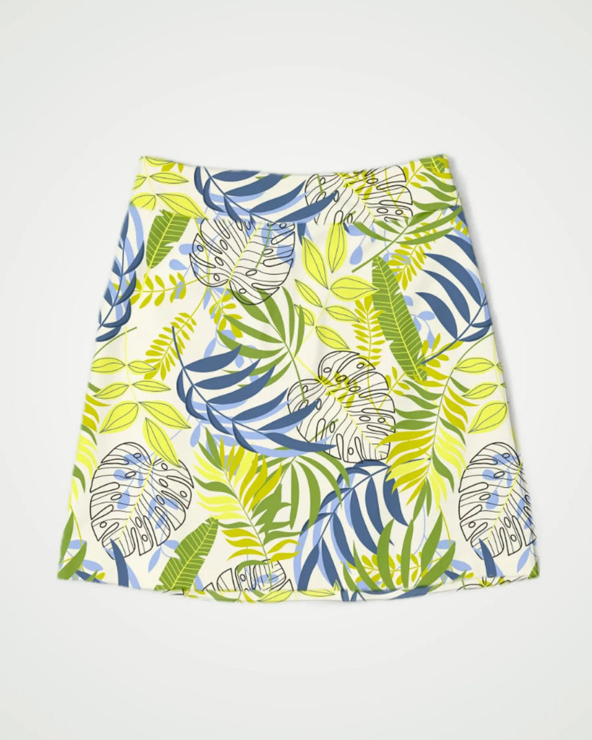 women's fitted golf skort with pockets in Jungle Swing print - front view