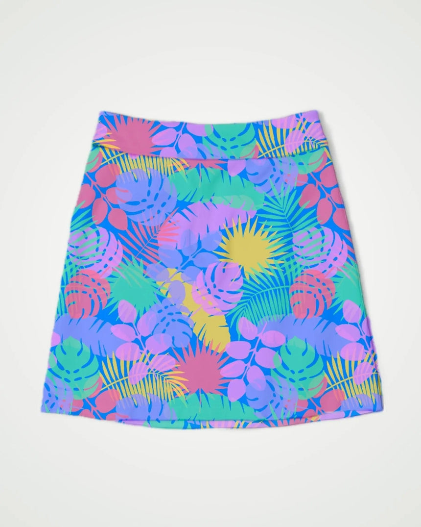 women's fitted golf skort with pockets in Jungle Vibes print - front view