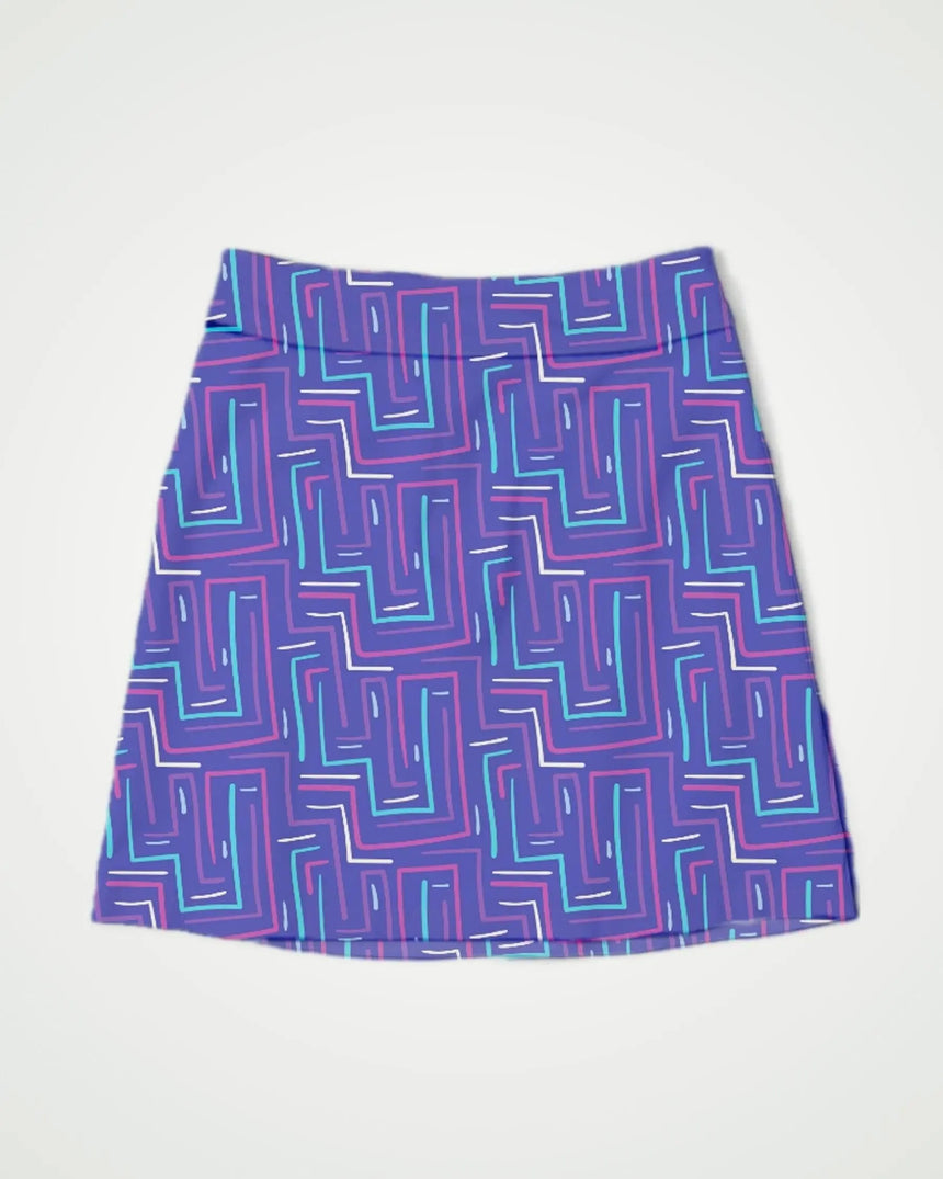 women's fitted golf skort with pockets in Links Labyrinth print - front view
