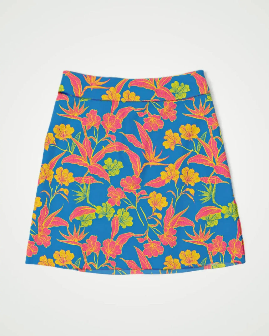 women's fitted golf skort with pockets in Paradise Found print - front view