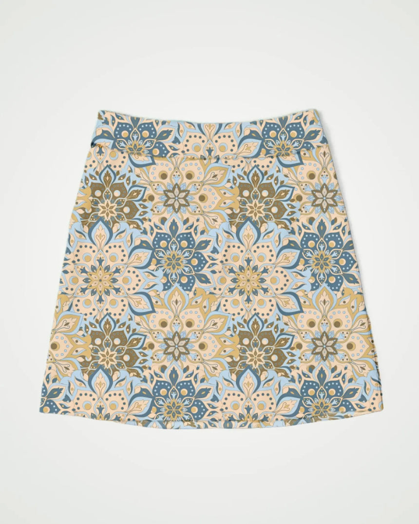 women's fitted golf skort with pockets in Retro Botanic print - front view