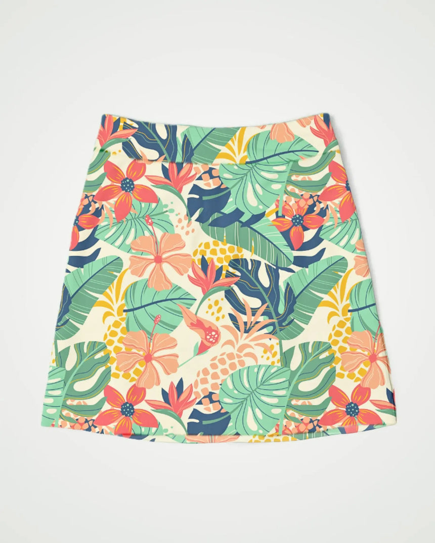 women's fitted golf skort with pockets in Tee Time Tropic print - front view