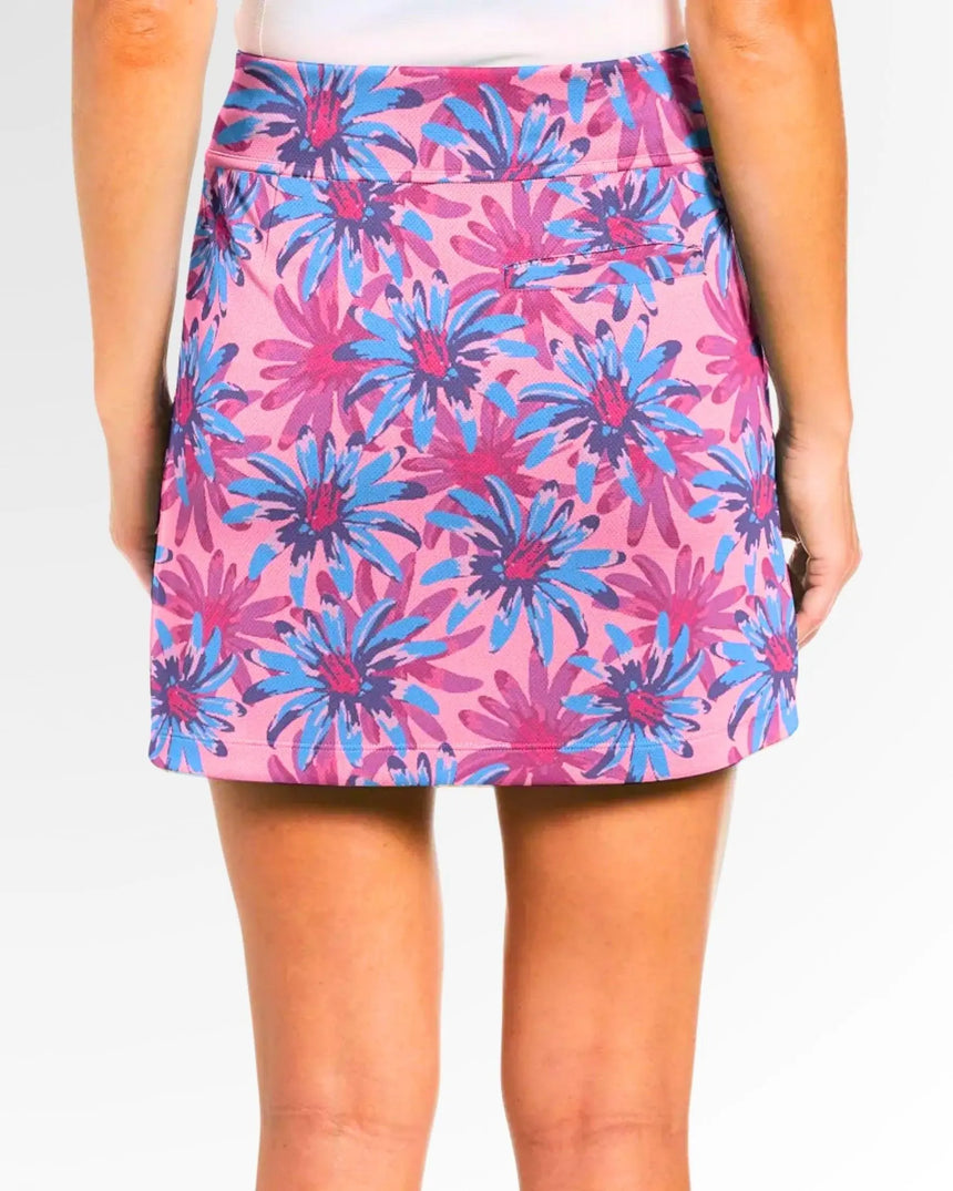 women's fitted golf skort with pockets in Tropical Bloomscape print - back view