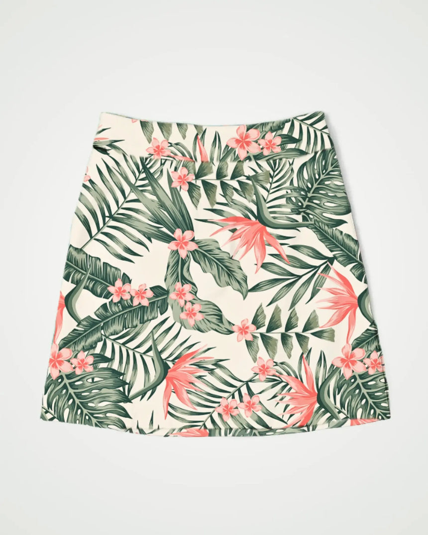 women's fitted golf skort with pockets in Tropical Fare print - front view