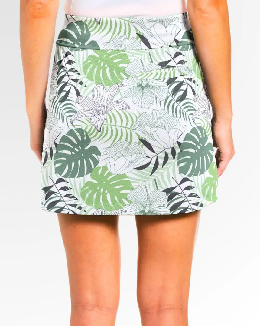 women's fitted golf skort with pockets in Zen Greens print - back view