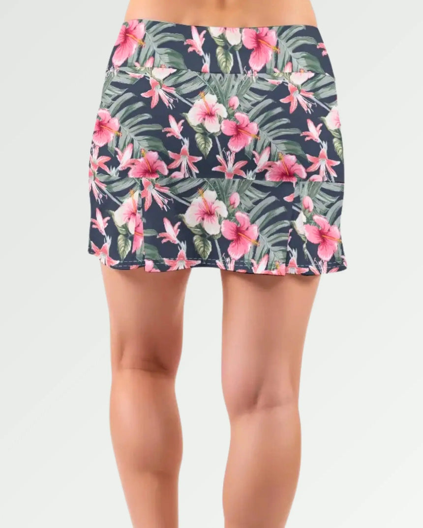 women's pleated golf skort with pockets in Midnight Blooms print - back view