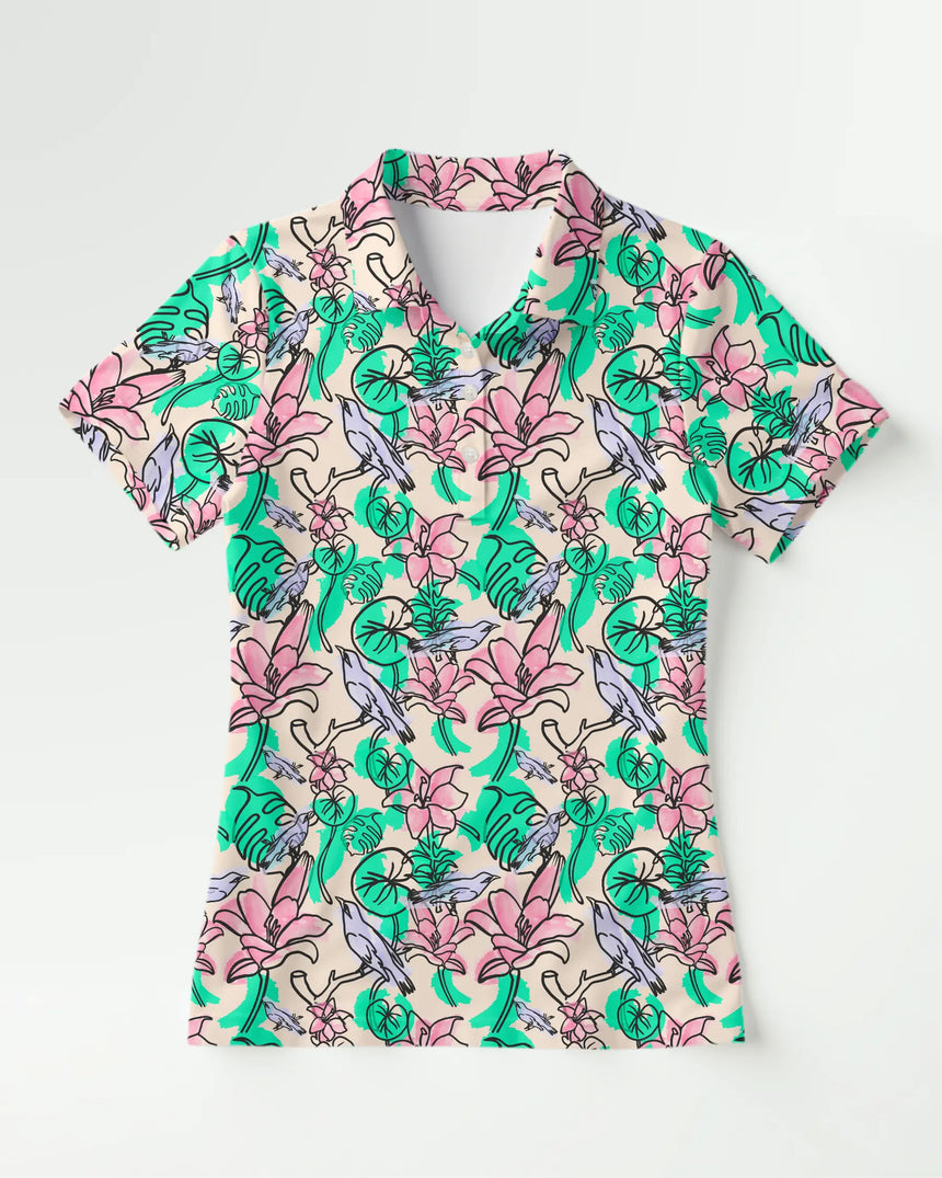 women's short sleeve golf polo in Birdies & Bogeys print - front view