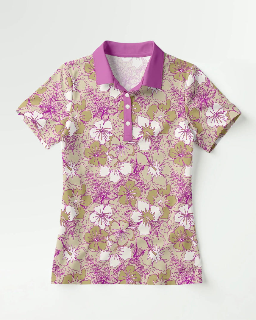 women's short sleeve golf polo in Blossom Breeze print - front view
