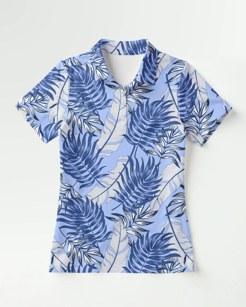women's short sleeve golf polo in Blue Palms print - front view
