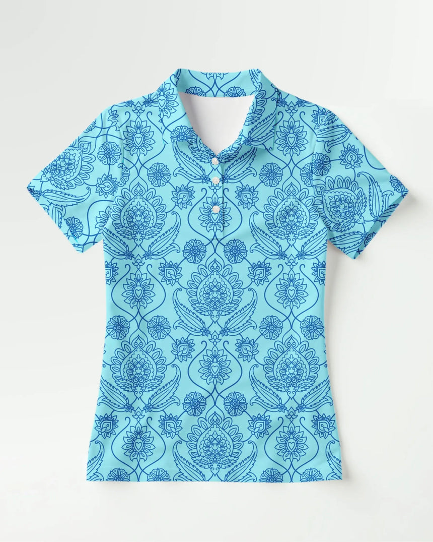 women's short sleeve golf polo in Fore de Fleur print - front view