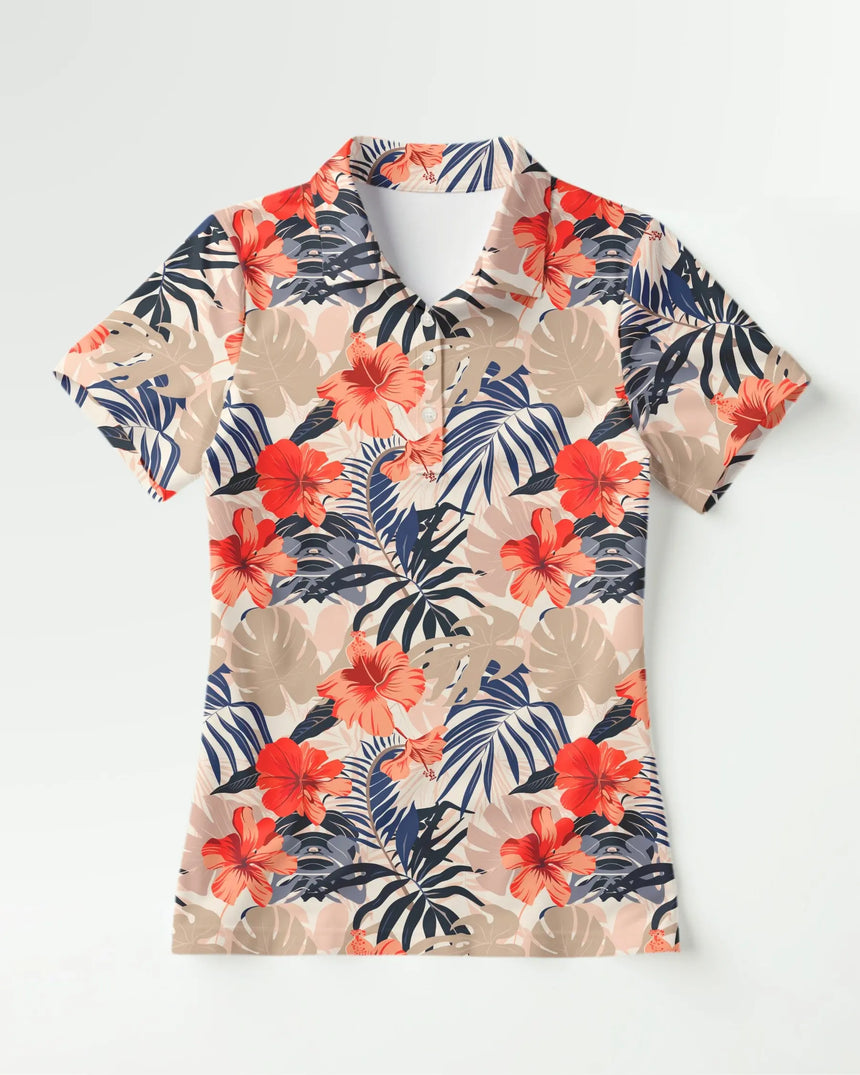 women's short sleeve golf polo in Island Floral print - front view