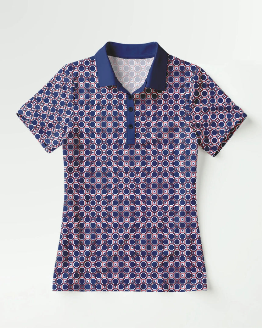women's short sleeve golf polo in Lattice Links print - front view